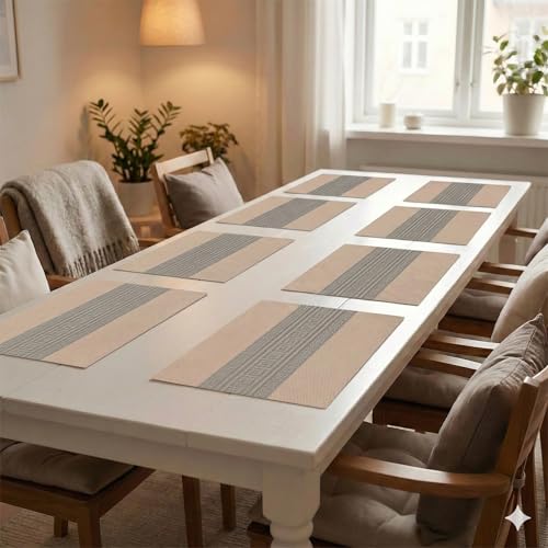 Image of YELONA Placemats Set of 8, Heat-Resistant Woven Vinyl Table Mats, Non-Slip & Washable Dining Tablemats for Kitchen & Dinner Decor, Almond Beige (45cm x 30cm)