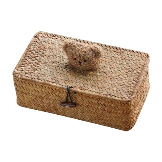 VILLCASE Caja Tejida Cesta De Algas Marinas Con Tapa Organizador De Maquillaje Bohemio Caja De Pañuelos Rectangular Cesta Tejida Cesta De Paja Almacenamiento Compañero Paño Casa De Molusco