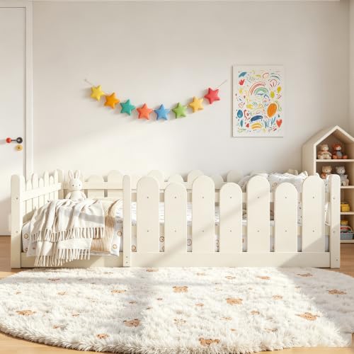 Image of Bellemave Full Size Kids Montessori Floor Bed,Floor Bed Frame with Rounded Safety Guardrail,Solid Wood Montessori Bed for Girls Boys,Beige