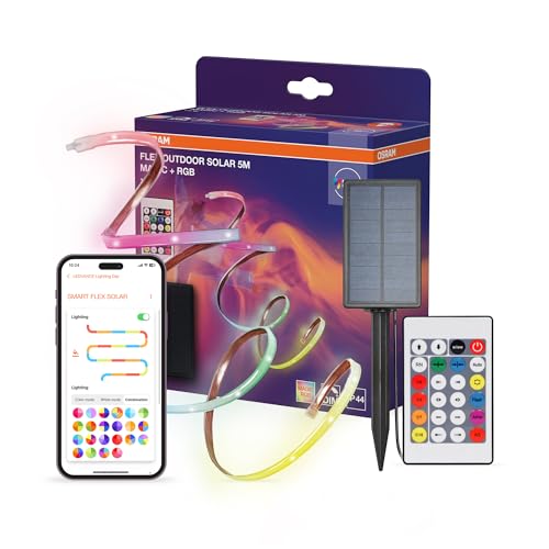 Osram FLEX Outdoor-Solar Rubans LED décoratifs multicolores pour l’extérieur avec panneau solaire et Magic RGB, RC, IP44, gradable, blanc, silicone, 5 m, ampoule non interchangeable