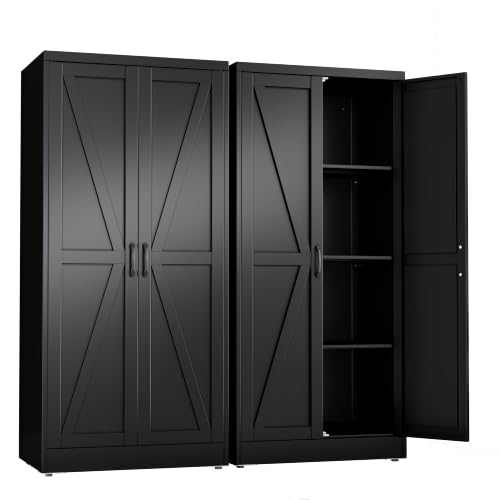 Image of Black Metal Storage Cabinet, 67 inch Kitchen Pantry Cabinets for Office | Steel Kitchen Pantry Storage with Doors and 3 Adjustable Shelves, Metal Tool Cabinet, for Office, Home, Garage, School