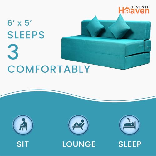 Image of Seventh Heaven Rejioce 3 Seater 5 * 6 Jute Fabric Washable Cover Sofa Cum Bed with 2 Cushions 3 Seater Double Foam Fold Out Sofa Cum Bed (Finish Color - Blue Delivery Condition - Pre-Assembled)