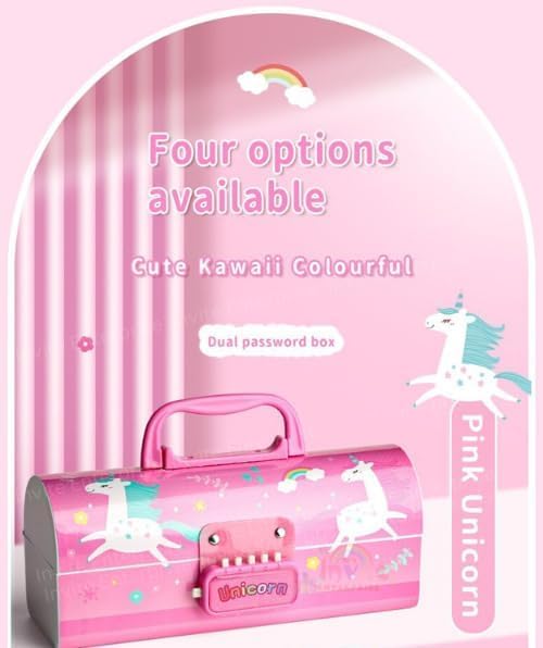 Image of Invite New Cartoon Theme Pencil Box with Push Pull Eraser Set for Kids | Suitcase Style Password Lock Stationery Organizer | School Supplies Gift Combo for Boys & Girls (Red Unicorn + Eraser)