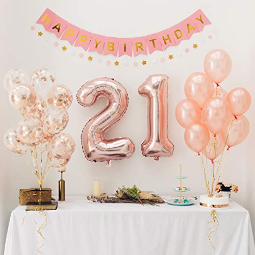 Rose Gold Balloons Set- Number 21 Foil Balloons Birthday Party Decorations Banner Confetti Balloons Party Supplies For Engagement Wedding Anniversary Kit(number21 NEWset)