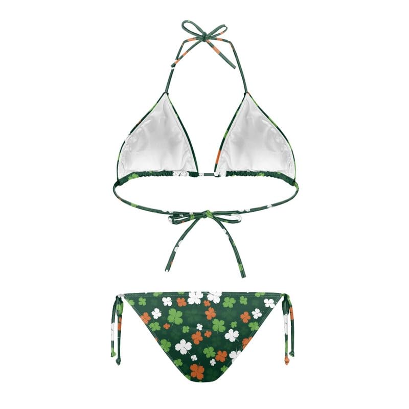 Irisjudy Green Clover Leaves Print Bikini Set for Women St. Patrick's Day Swimsuit Costume, Lucky Leaf Pattern High Cut Bathing Suit Low Rise Ribbed Padded String Swimwear