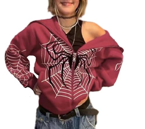 Image of Lshnrd Spider Web Y2K Graphic Zip Up Hoodies Women Oversized Streetshirt E-Girl Long Sleeve Sweatwear Jackets Halloween, E-burgundy, XXXL