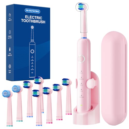 Image of Rtauys Rotating Electric Toothbrush for Adults with 8 Brush Heads (2 Types), 5 Modes Rechargeable Power Toothbrush with Travel Case and 2 Minute Smrte Timer (Pink)
