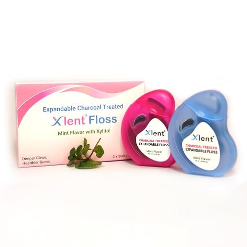 Expandable Dental Floss Treated with Activated Charcoal with Xylitol and Natural Plant Based Wax | Mint Flavor | PFAS & PTFE Free | Pack of 2 (50 m Floss Containers) -  Xlent Dental, 1Y-KKKD-CIV0