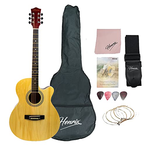 Image of Henrix PRO 40C 40-Inch Wood Cutaway Acoustic Guitar With Dual Action Truss Rod, Gigbag, Picks, String Set, Strap, Cloth & Ebook - Natural