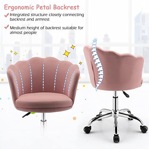 Giantex Kids Desk Chair, Comfy Home Office Task Chair With Wheels, Upholstered Velvet Seashell Back Vanity Chair, Cute Modern Computer Chair For Girls, Adjustable Swivel Rolling Arm Chair, Pink #TOP4