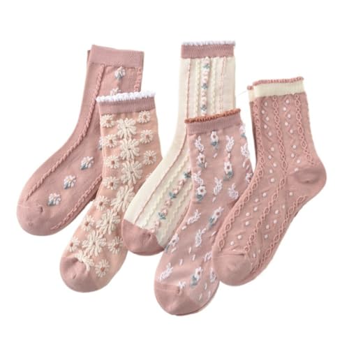 Image of 5 Pair Cute White Ruffle Ankle Socks - Women's Cottagecore Floral Crew Socks in Japanese Aesthetic Cotton