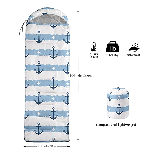 Bolsa de dormir para niños y niñas, diseño Náutico con anclas, ligera, cálida, portátil e impermeable para camping y senderismo, resistente al frío miniatura 3