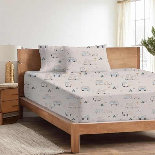 Image of Kids Camper Theme Bed Sheets Set for Single Bed| Happy Camping Bedding Set, Travel Car Rv bedsheets (Truck Camper)