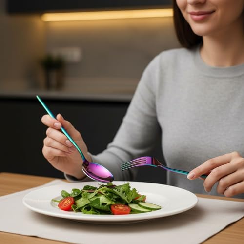 Image of 25 Pcs Rainbow Cutlery Set for Dining Table the Perfect Lightweight Silim Handle Tableware Including Dinner Spoon, Dinner Fork, Dinner Knife, Dessert Spoon & Dessert Fork