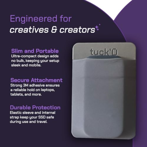 Image of Tuck'd Portable SSD Hard Drive Sleeve - Reusable Adhesive Laptop Mount - Stick-On External Storage Holder for MacBook & Tablets - Travel Pocket Pouch for SSD, Cables & Accessories (Small, Grey)