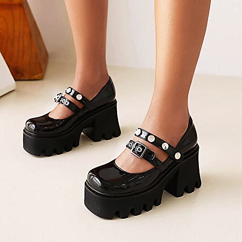 Image of Women's Platform Mary Janes Heart Cat Buckle Rivets Ankle Lolita Gothic Princess Platform Pumps Patent Leather Thorn Vintage Traditional Embroidery Upper Dress Shoes