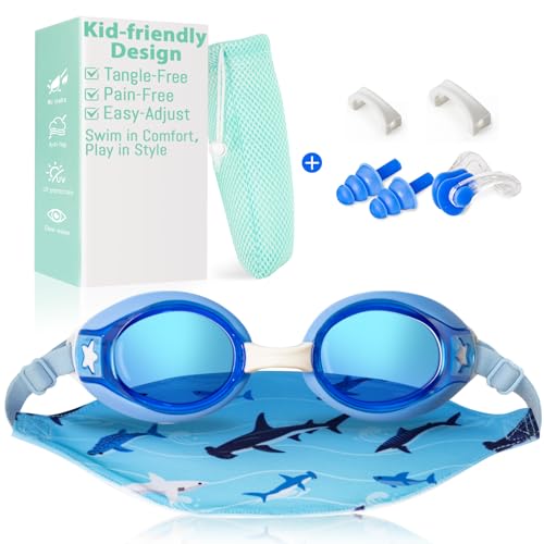 Pixel Panda Kids Swim Goggles with Fabric Strap for 3-12 Swim Pool Goggles for Boy Girls Toddler No Hair Pulling Blue-red