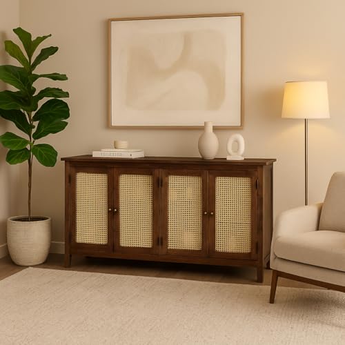 Image of Madrid Solid Wood 4-Door Cane Sideboard Cabinet | Scratch-Resistant Tubaq Finish | Crockery & Kitchen Storage Unit