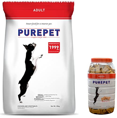 Image of Purepet Chicken and Vegetable Adult Dry Dog Food - 20kg & All Life Stages Chicken Flavour, Real Chicken Biscuit,Dog Treats- Jar, 905g