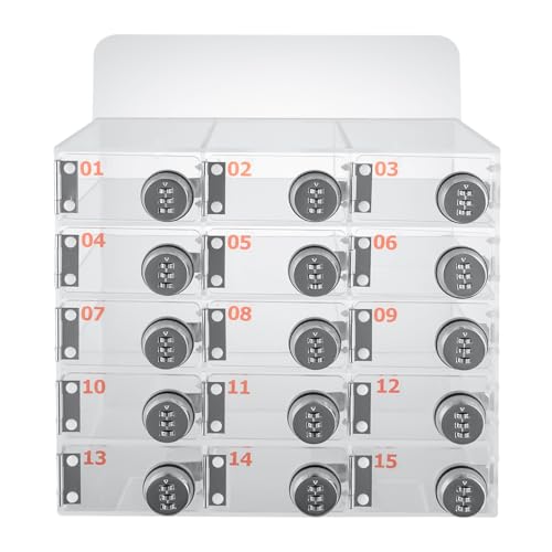 Blisiour 15 Slots Cell Phone Locker Box, Clear Acrylic Cell Phone Storage Locker with Combination Locks, Wall-Mounted Locking Cell Phone Storage Cabinet for Classroom Offices School Employees