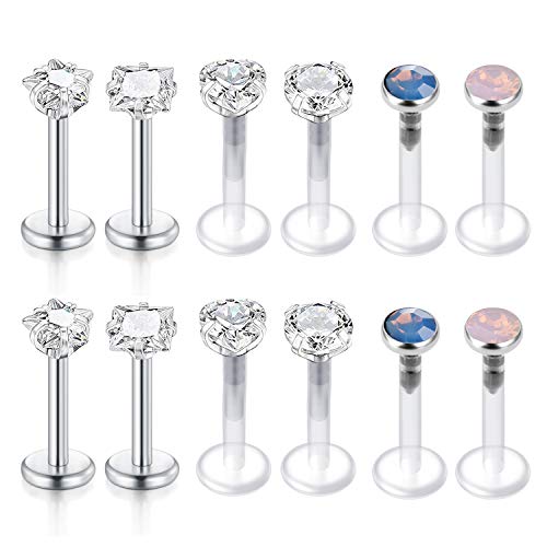 MODRSA 16g Lip Rings Labret Studs Tragus Earrings Forward Helix Cartilage Piercing Jewelry Flat Back Surgical Steel Opal Heart Clear Monroe Piercing Jewelry 8mm 5/16 inch