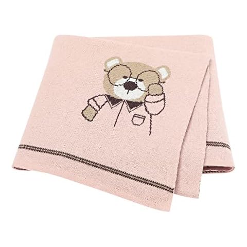 Hadetoto Baby Blanket 100% Extra Soft Breathable Cotton Blankets Knitted Baby Blanket Soft Cute Bear 100x80cm(Pink) Cover