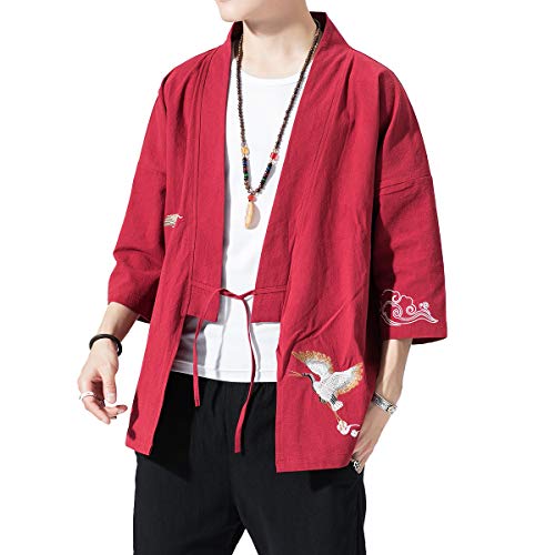 Image of PRIJOUHE Men's Kimono Jackets Cardigan Lightweight Casual Cotton Blends Linen Seven Sleeves Open Front Coat Outwear