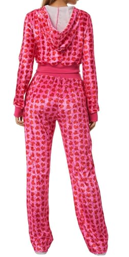 Recious Womens Sexy 2 Pieces Velvet Heart Printed Zipper Hooded Jackets Bodycon Pants Party Clubwear Tracksuit Outfits Set3