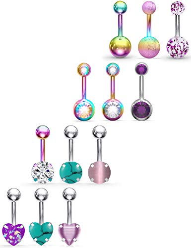 Jenxnjsjo Rainbow Belly Button Rings Belly Rings Belly Button Rings Surgical Steel Navel Rings Navel Jewelry Navel Rings for Women Navel Piercing Jewelry 14G 3/8inch 12PCS