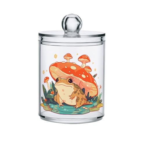 MNSRUU 2 Pack Qtip Holder Organizer Dispenser Cute Frog Mushroom Pink Bathroom Storage Canister Cotton Ball Holder Bathroom Containers for Cotton Swabs/Pads/Floss