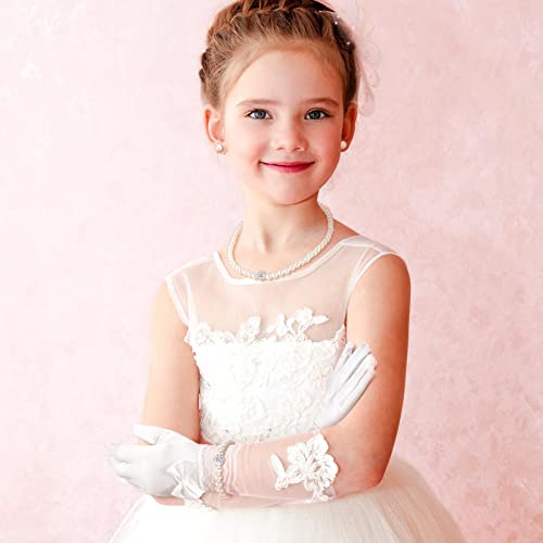 Geyoga 4 Pcs Pearl Necklace Set for Little Girls Toddler Girls Tea Party Jewelry White Pearl Earrings Bracelet Sets First Communion Gloves Kit for Kids Age 4-12 Years4