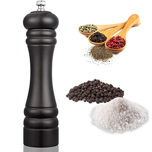 Pepper Grinder Wood, Zupora Manual Salt Pepper Mill Grinder with Adjustable Stainless Steel Grinding Mechanism, Wooden Refillable Pepper Salt Shakers - 8 Inch (Black)