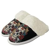 Binienty Pantuflas para mujer, cálidas, sin cordones, de espuma viscoelástica, zapatos de casa mullidos, Calavera tribal gato carlino, 40.5/41.5 EU