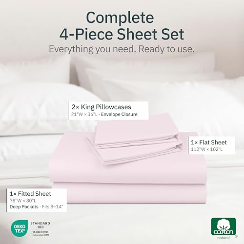Image of Super Soft 100% Cotton King Size Bedsheets, 4 Pc Set, Pink | Lightweight & Breathable For Hot Sleepers, 14 inch Deep Pocket, All-Around Elastic, Durable, Easy Care, OekoTex Certified