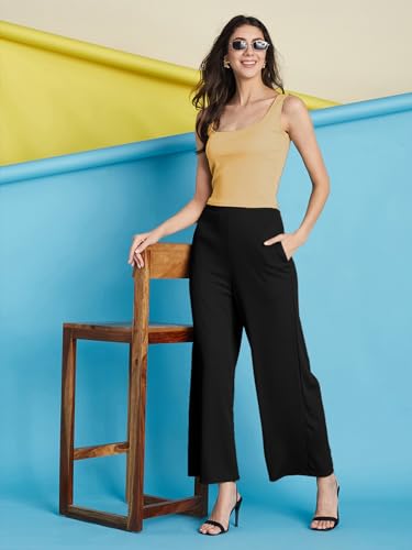 Image of Selvia Women's Solid Ribbed Lycra Elastic Regular Fit Wide-Leg Trouser