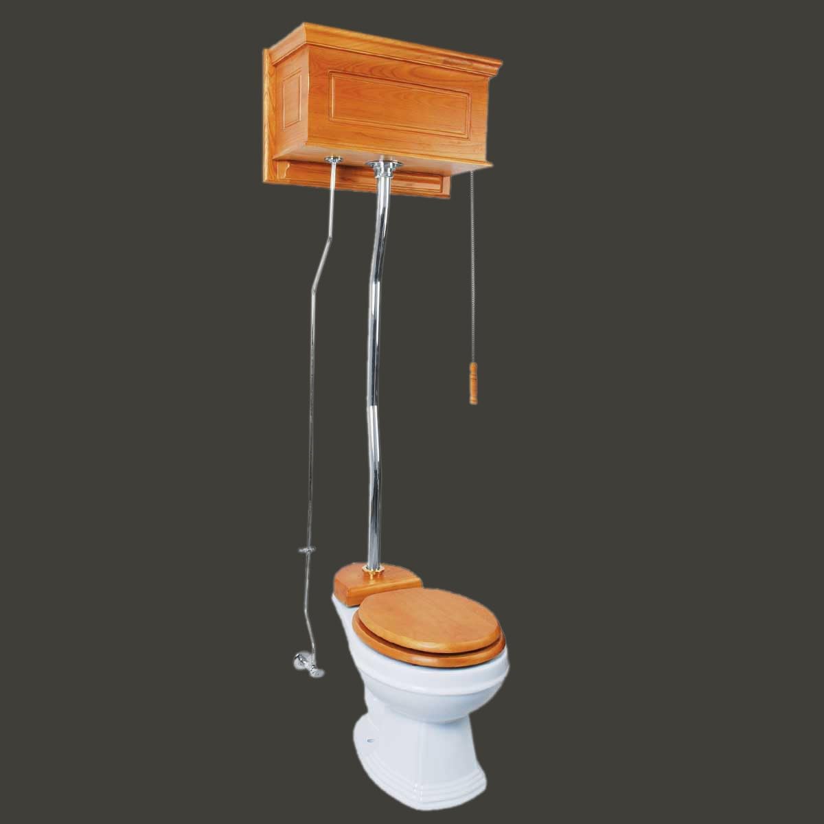 Renovators Supply Manufacturing High Tank Pull Chain Toilet With Light Oak Wooden Raised High Tank 59 In. To 74 In. Adjustable Height Chrome Z Pipe And Round Toilet Bowl