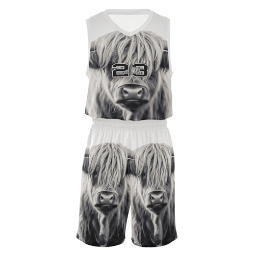 FLildon Highland Cow Boys Basketball Jersey Set Tank Top Shorts Tracksuit Sport Training Suit for Kids, XL