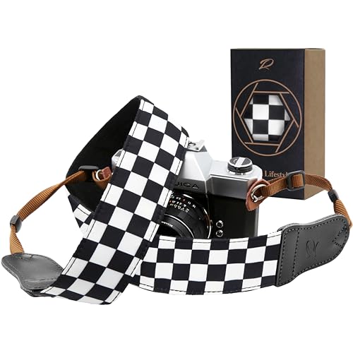 Padwa Lifestyle Black and White Plaid Camera Strap - 2' Wide Double Layer Cowhide Head,Cotton Camera...