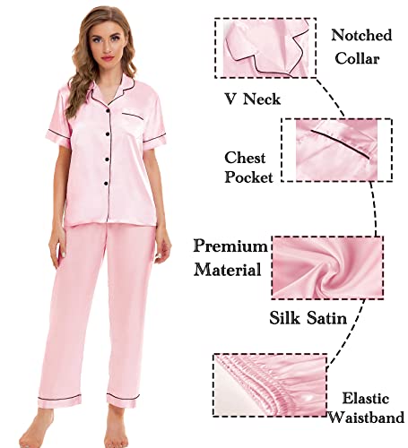 Image of SWOMOG Womens Silk Satin Pajamas Sets 4pcs Sleepwear Sexy Cami Shorts Set and Button Down Short Sleeve Pjs Loungewear
