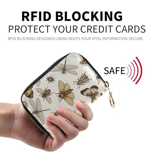 Leather Wallet for Women RFID Blocking Card Holder Cute Small Travel Cash Wallet with Coin Pocket Sketches Insects Bug Print Beige2