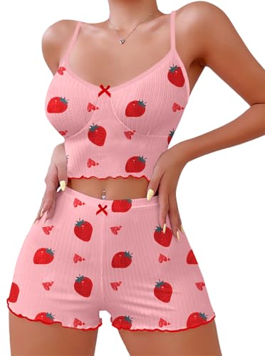 Image of Hilinker Womens Graphic Print Ribbed PJ Set Crop Cami Tops and Shorts Cute Pajamas Set