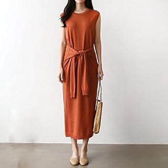 Amazon Co Jp 腰巻デザインニットロング丈ワンピース 結婚式 披露宴 二次会 ロング丈ドレス レーディス ワンピース オレンジ ファッション