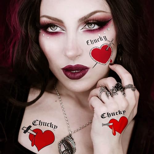 COKTAK 36 PCS Bride of Chucky Tattoo Heart for Women Men, Kids & Adults, Halloween Zombie Makeup Kit - Image 2