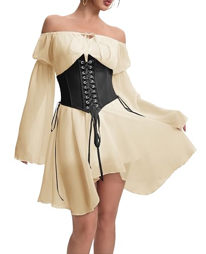 Image of Womens Corset Dresses Off Shoulder Bell Sleeve Casual Party Fairy Two Piece Outfits Bustier Dress