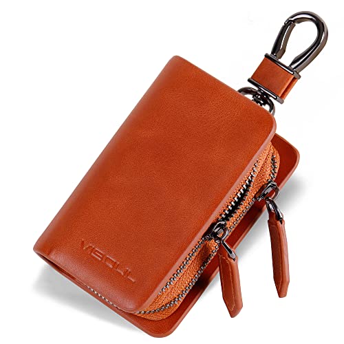 Image of VISOUL Car Key Case Holder Double Zipper, Leather Car Smart Key Fob Case with Keychain for Men and Women