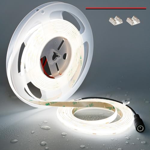 TOPAI 12V Ruban LED COB Blanc 5000K IP65 Étanche 5M 480LED/M Haute Luminosité 4000Lm CRI93+ Découpable Autocollant Pour Miroir,Plafond,Cuisine,Armoire,Placard