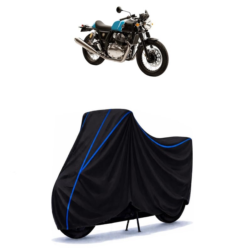 Image of Continental GT 650 Custom Bike Cover Water Resistant Universal Motorcycle Rain | Heavy Duty UV Protection, Dust, Scratch Indoor Outdoor All Weather with Black Blue Piping Elastic