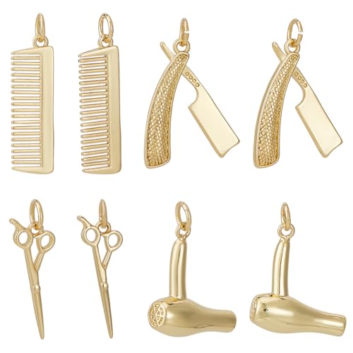 Beebeecraft 1 Box 8Pcs Hair Stylist Charms 18K Gold Plated Brass 4 Styles Scissor Comb Hairdryer Tools Charm for Haircut Theme Jewellery Making