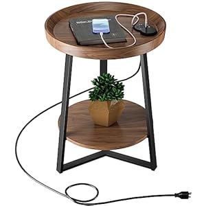 Gadroad Round End Table with Charging Station, USB Ports, Wood Tabletop & Black Metal Frame, 2-Tier Side Table for Living Room, Bedroom, Brown 15.7 * 15.7 * 23.0inches