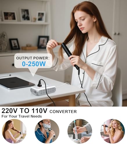 220V to 110V Voltage Converter, Mapambo Voltage Conterver US to Europe, Step Down Converter for Curling Iron, Straightener-2 AC Sockets with 2 USB-A & 2 USB-C Ports - Thumbnail 2